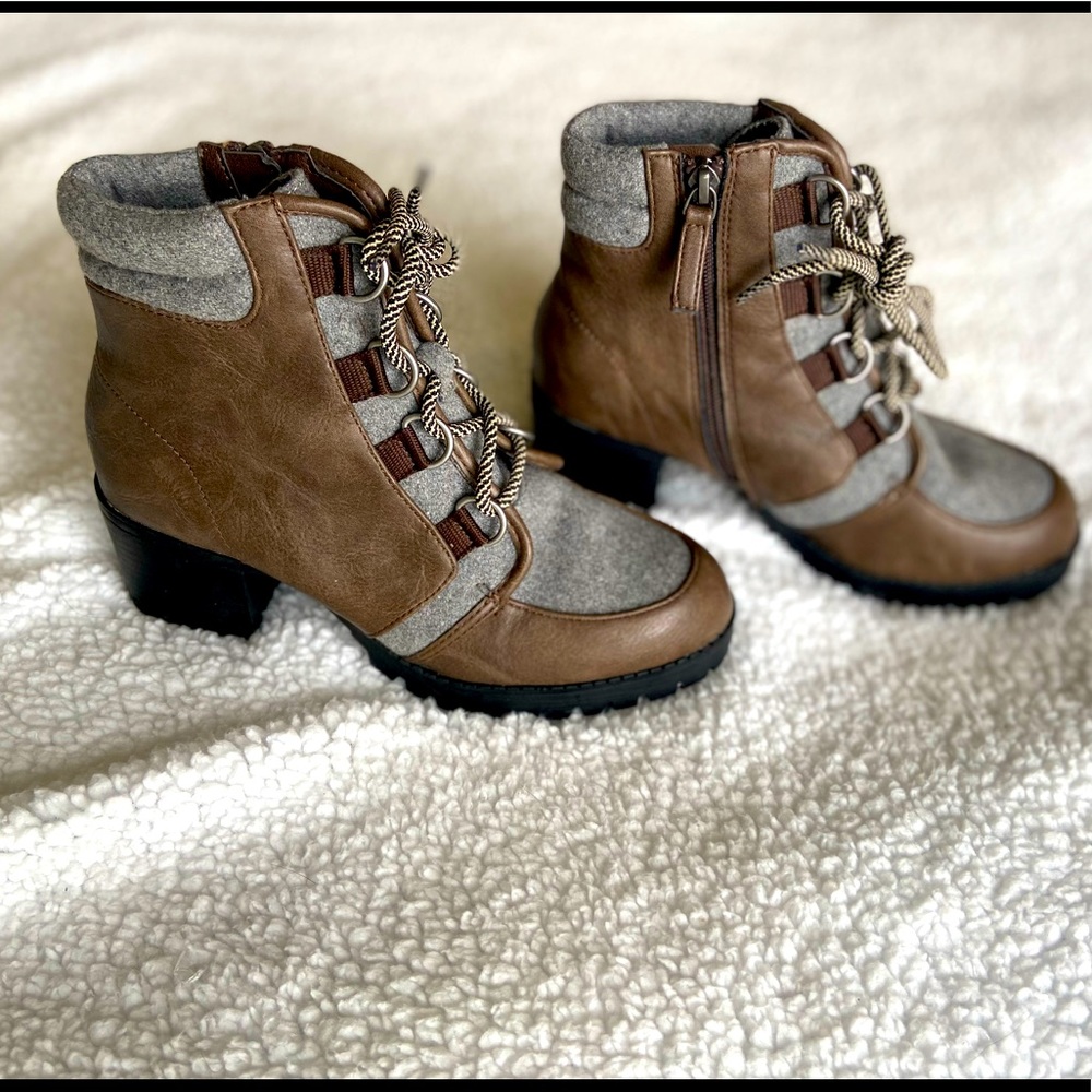Brown and tan booties